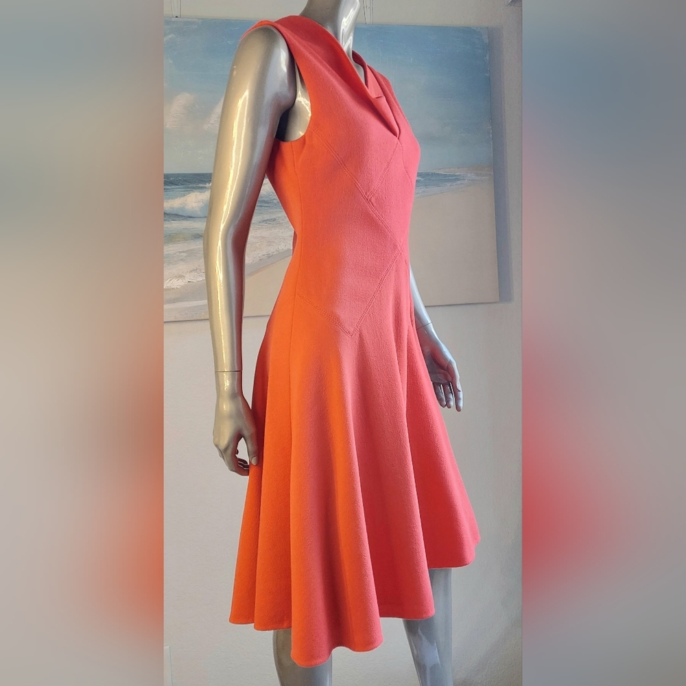 ♧$3,400 OSCAR DE LA RENTA CORAL RED WOOL PICASSO RUNWAY DRESS US 12 - Picture 5 of 14